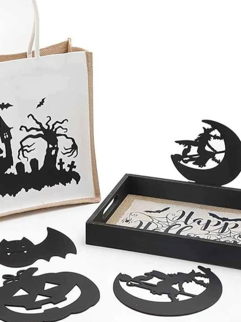 Halloween Black Decorative Serving Tray and Themed Cutouts